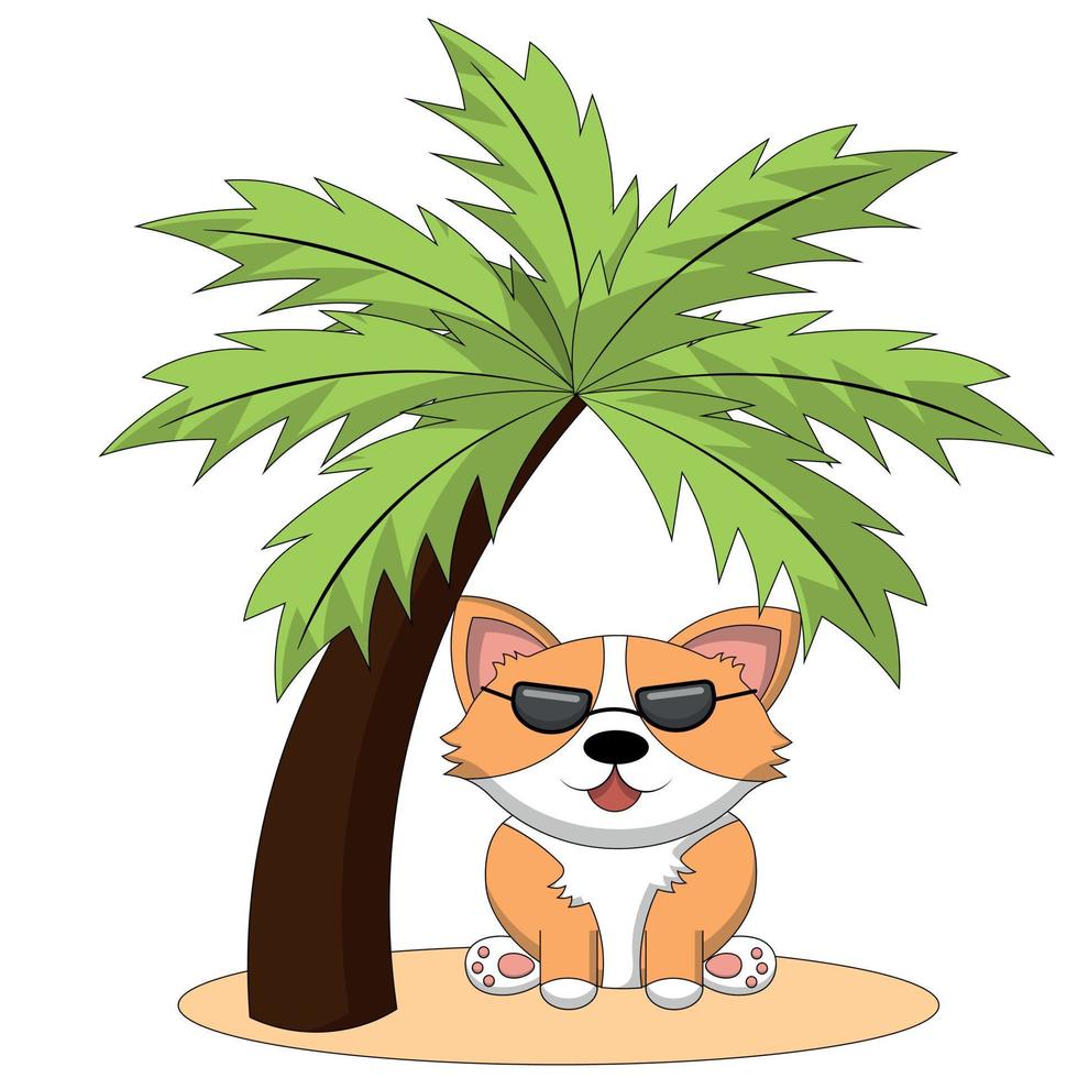 linda corgi perro en el playa debajo un palma árbol en color vector