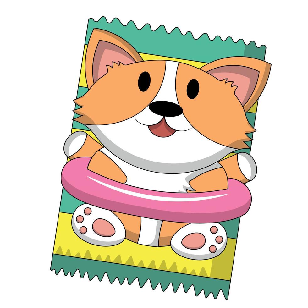 Cute Corgi dog on the beach with inflatable ring in color vector