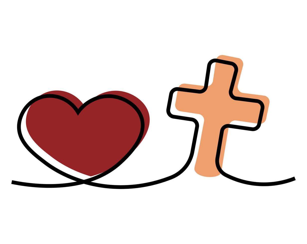 Christian icon Cross and heart in one line in color vector
