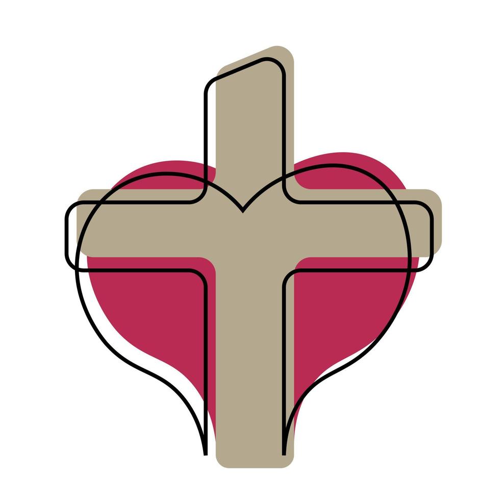 Christian icon Cross and heart in linear in color vector