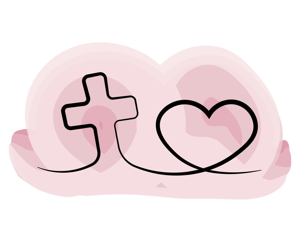 Christian icon Cross and heart in one line in watercolor vector