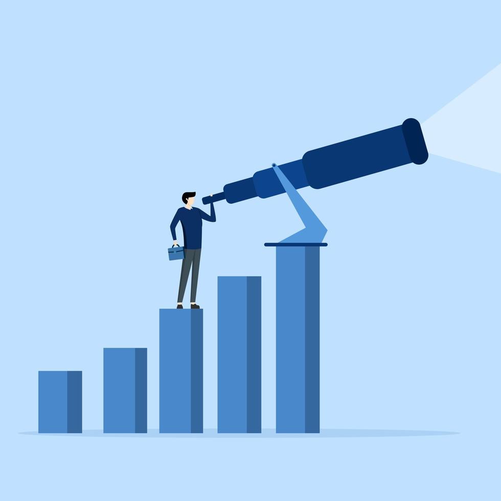 Business Forecast concept, visionary to find opportunity, smart entrepreneur looking through big telescope at growing chart, looking for future profit trend, stock market investment or economic data. vector