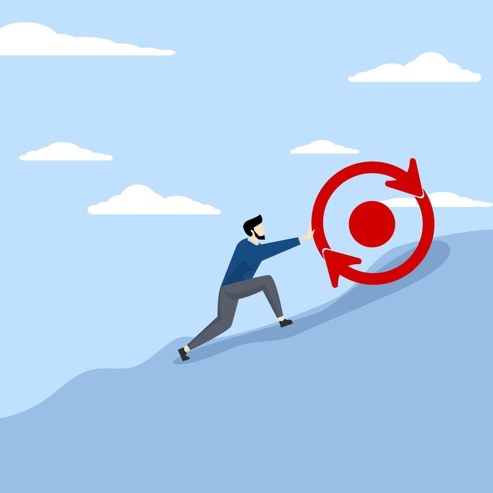 Consistency key concept for success, business strategy for repeatedly getting work done, career growth concept, businessman pushing consistency circle symbol up hill with full effort. vector