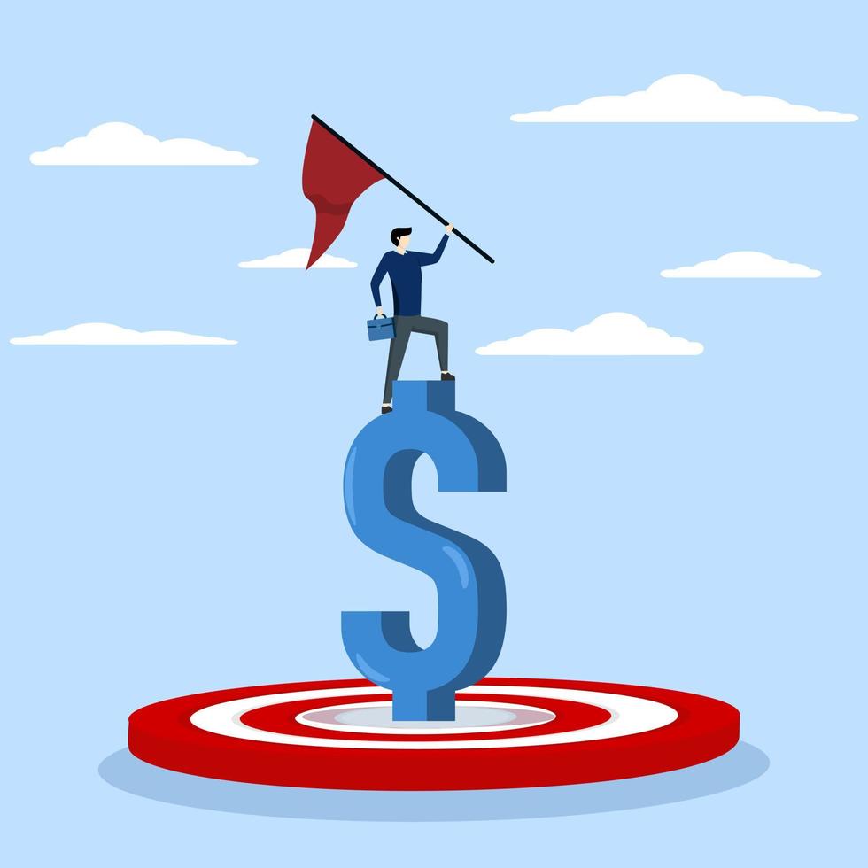 Concept of Reaching financial goal, confident businessman holding winner flag over dollar money target, successful investment or making money, winning wealth and saving goal or achievement concept. vector