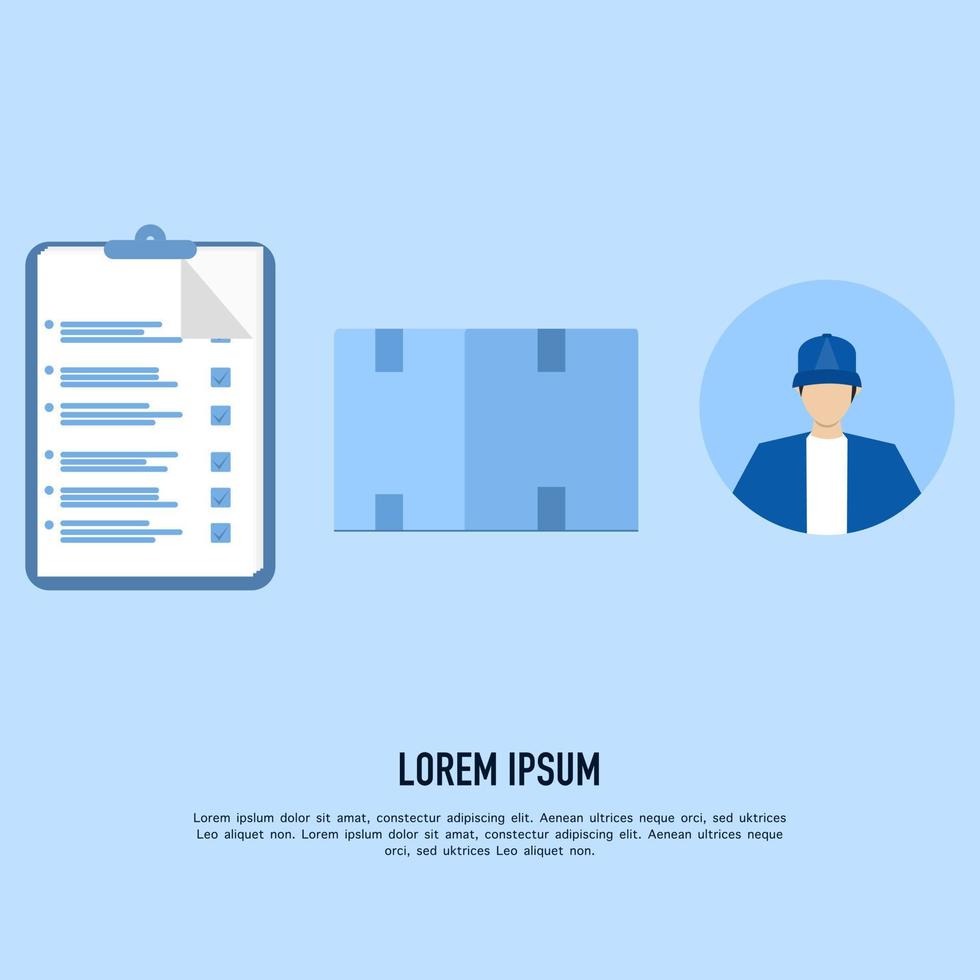 Delivery service concept, courier, checklist and clipboard, parcel box, take orders concept, messenger, vector icon, flat vector illustration design.
