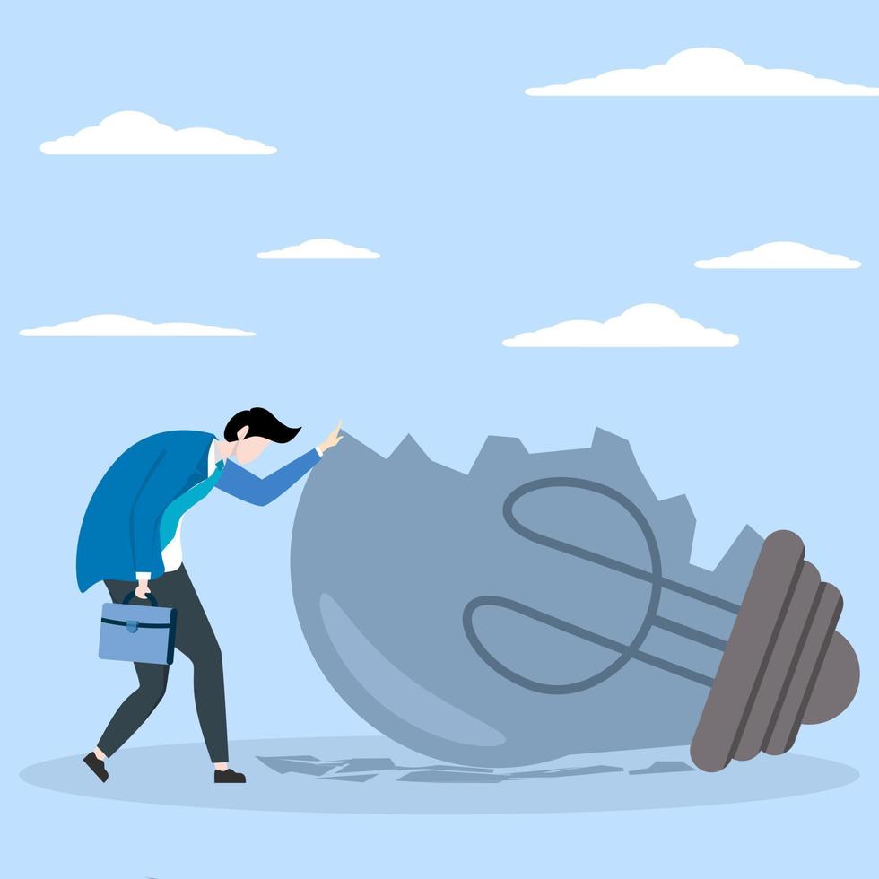 Concept of not being inspired or motivated after business failure, tired or exhausted by crisis, no new idea or inspiration concept, depressed businessman standing with failed light bulb idea. vector