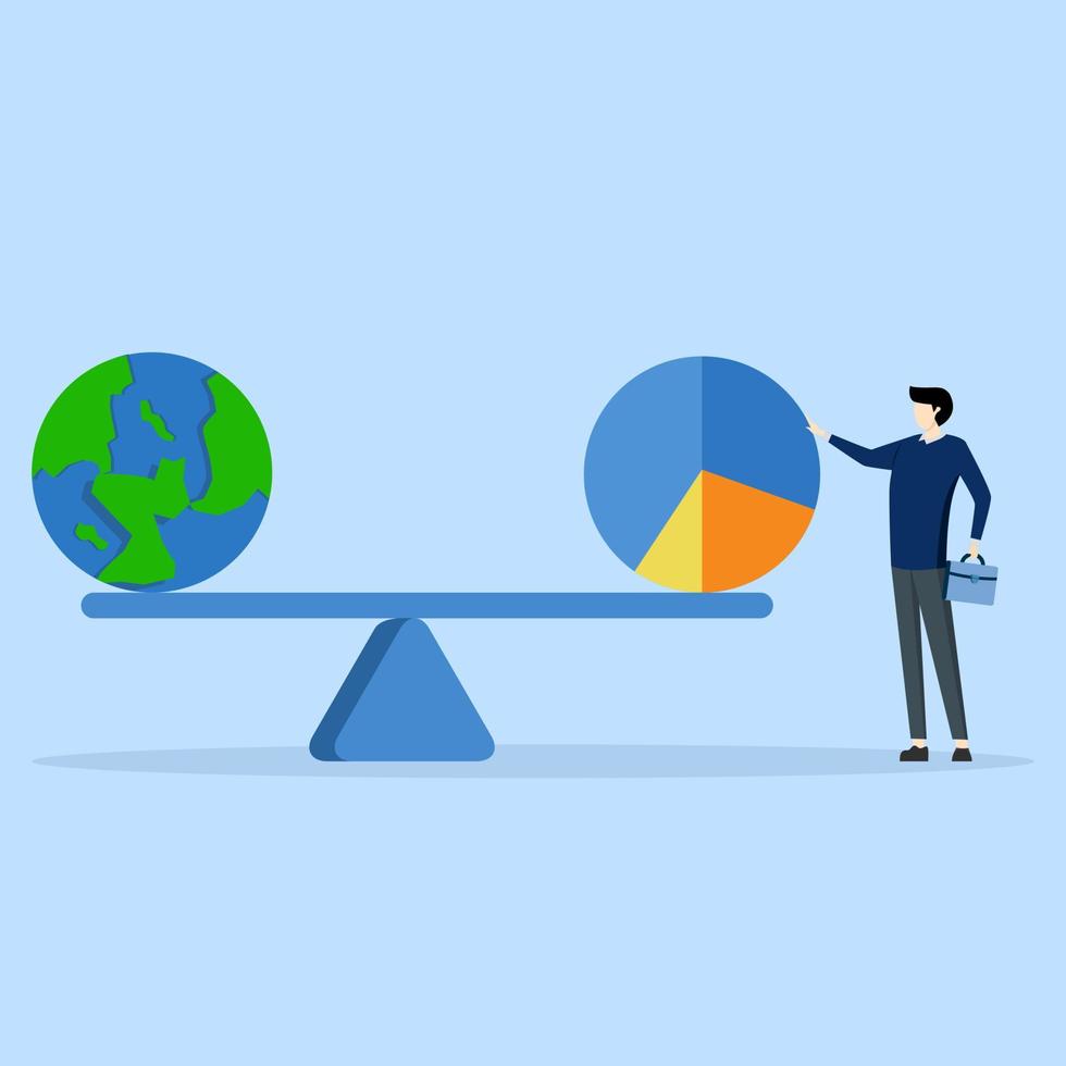 Global investment asset allocation concept, portfolio balancing for international stocks, bonds or real estate, wealth management concept, businessman fund manager balance pie chart with globe. vector