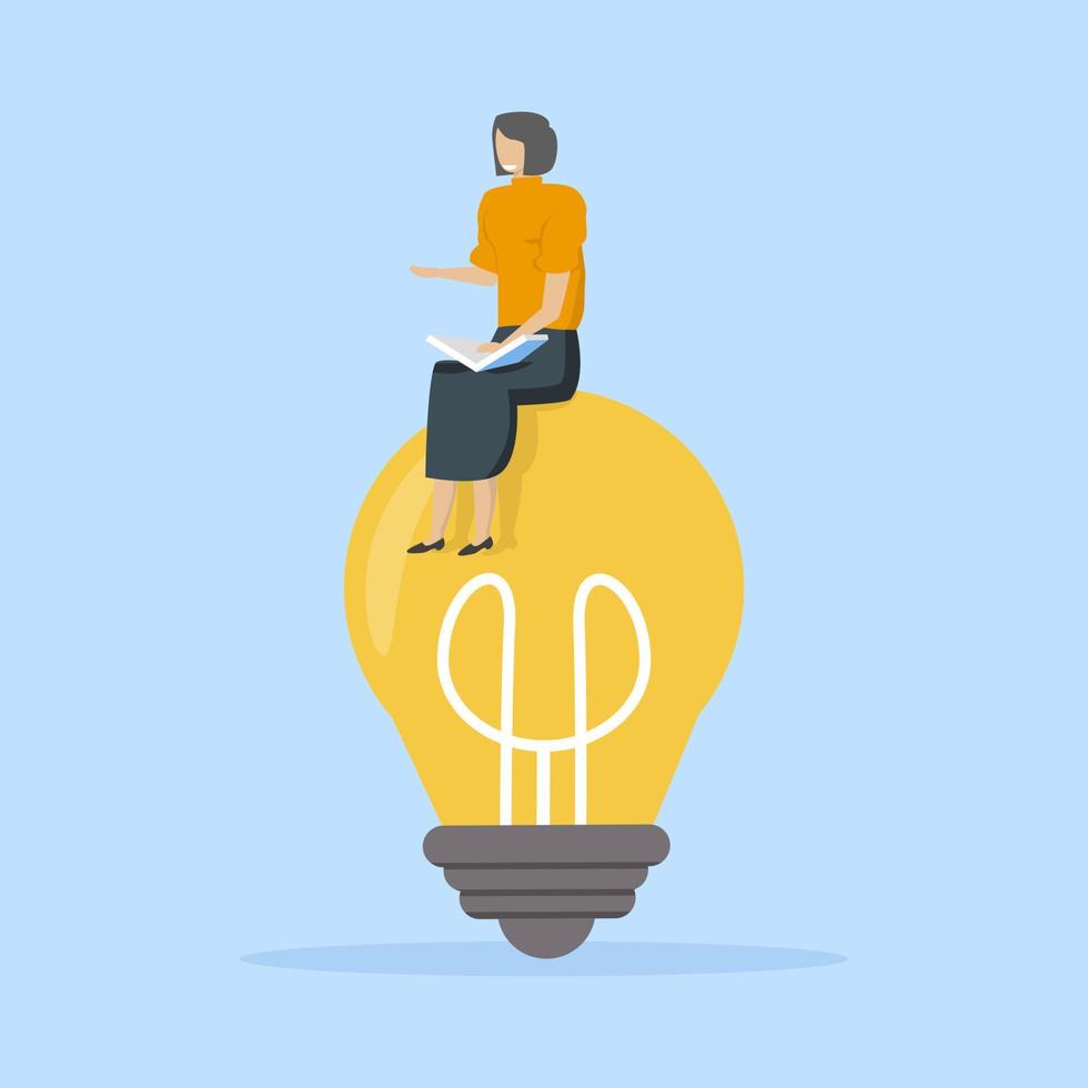 Concept of looking for new ideas. Businesswoman sitting by light bulb and reading book. Education or creative idea concept, vector illustration