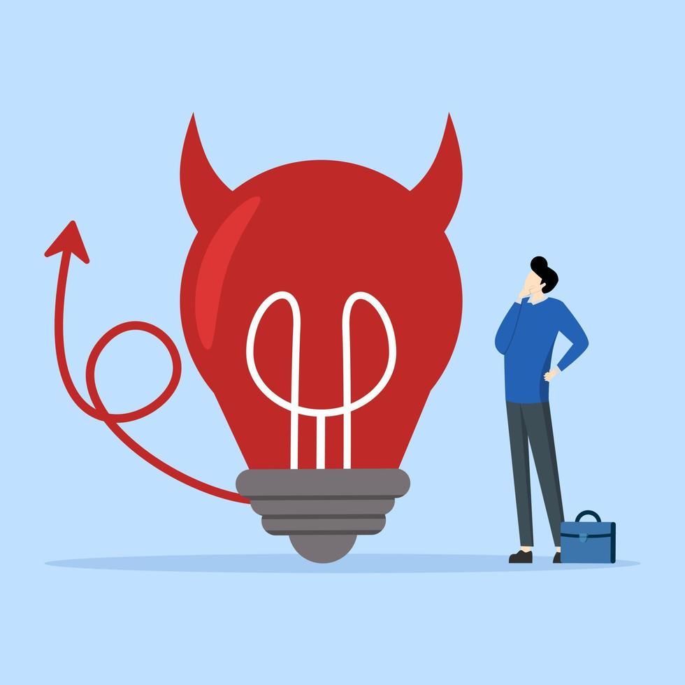 evil and negative opinion concept, confused businessman looking at devil light bulb doubting this bad idea. Bad ideas lead to problems and failures, bad ideas, the disappointment of being rejected. vector
