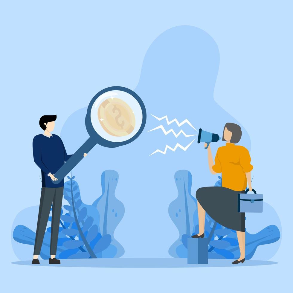 Extra income search idea concept, business man with magnifying glass looking at money, looking for money making ideas, looking for opportunities, flat vector illustration design.