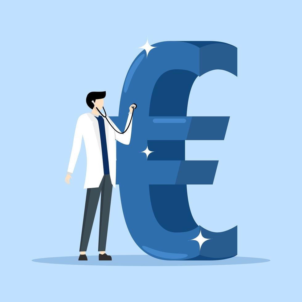 investment analysis or analysis of expense and spending concept, smart doctor with stethoscope to listen and analyze Euro money symbol. Financial analyst to examine the European currency economy. vector