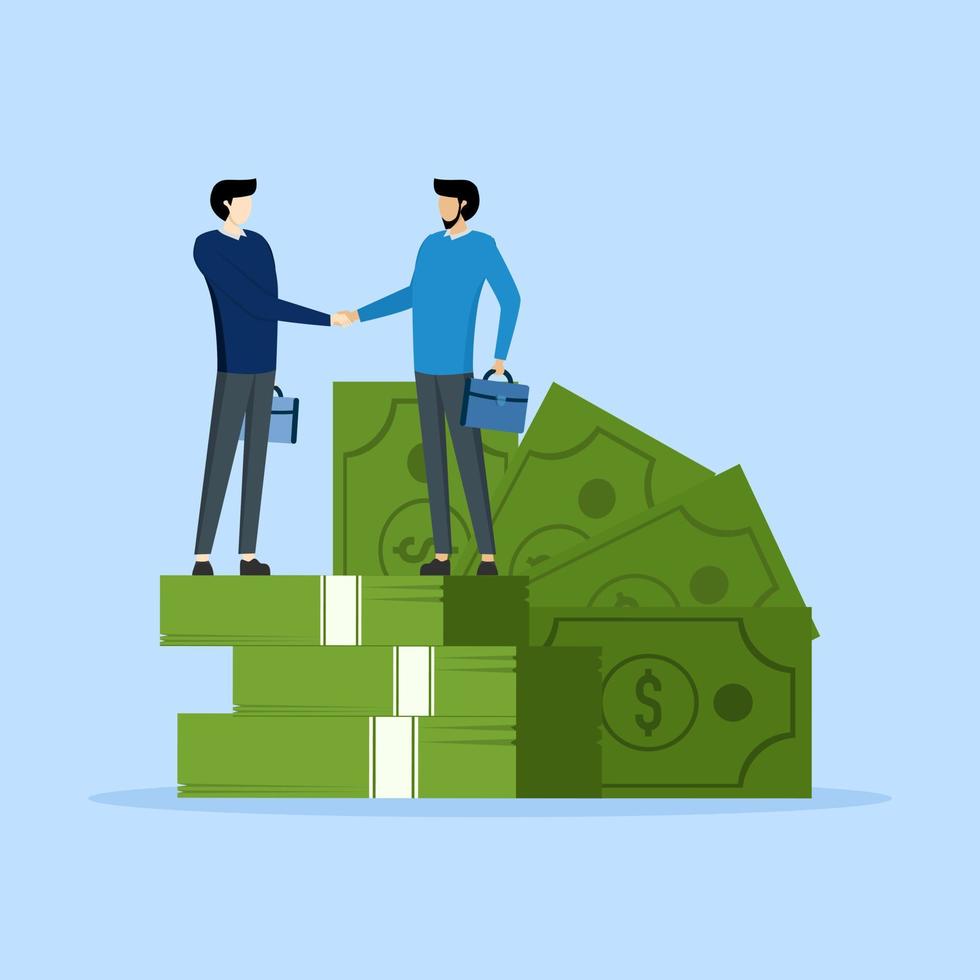 Salary negotiation concept, business people shaking hands over pile of banknotes after finalizing a deal, discussion about salary increase or wage and benefits agreement, business deal. vector