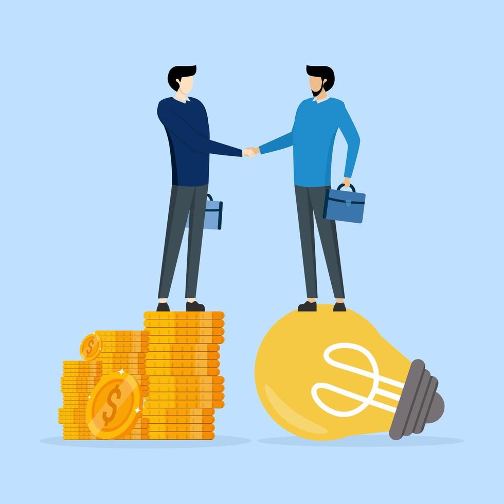 business sale or merger deal concept, Auction idea, fundraising and venture capital, shaking hands with VC on pile of money coins, entrepreneur businessman standing on idea light bulb vector