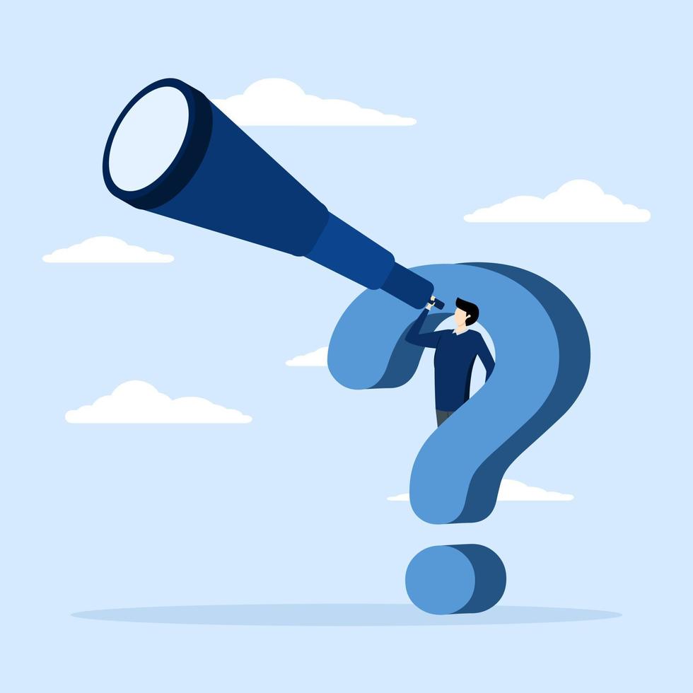 concept of seeking success, businessman with big question mark looking through binoculars for new business ideas, Curiosity exploring the unknown, looking for new business solutions or opportunities. vector