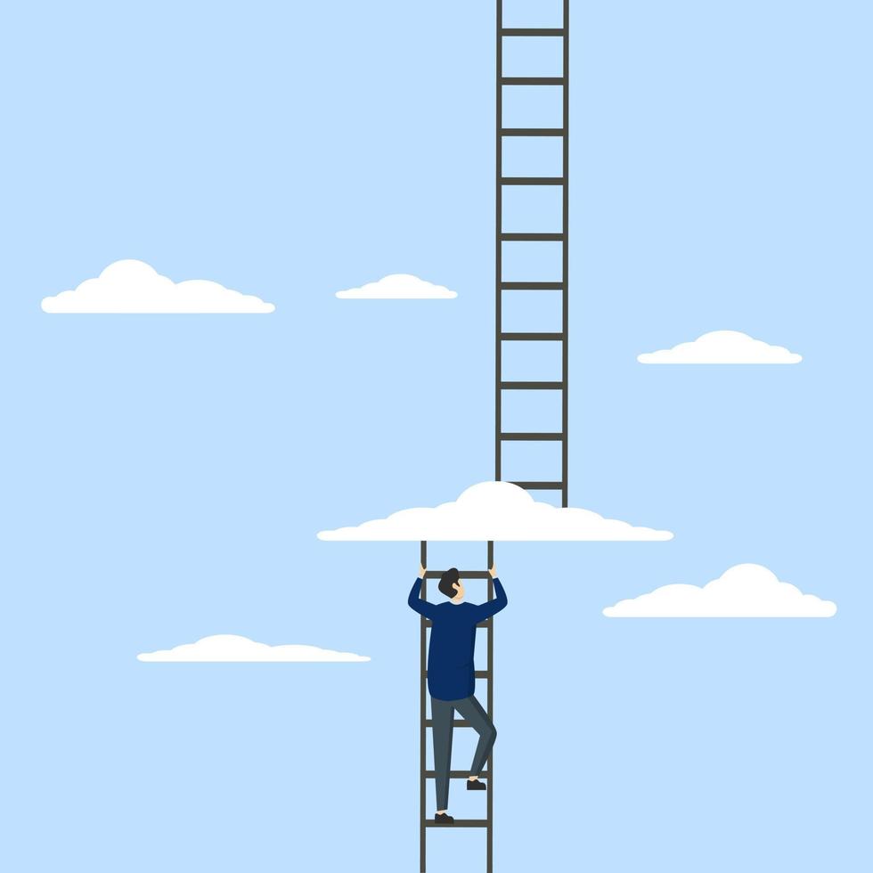 Concept of Going to the next level, entrepreneur climbing ladder to cloud level to reach next level, career development or business improvement achieve better quality, growth or growth concept. vector