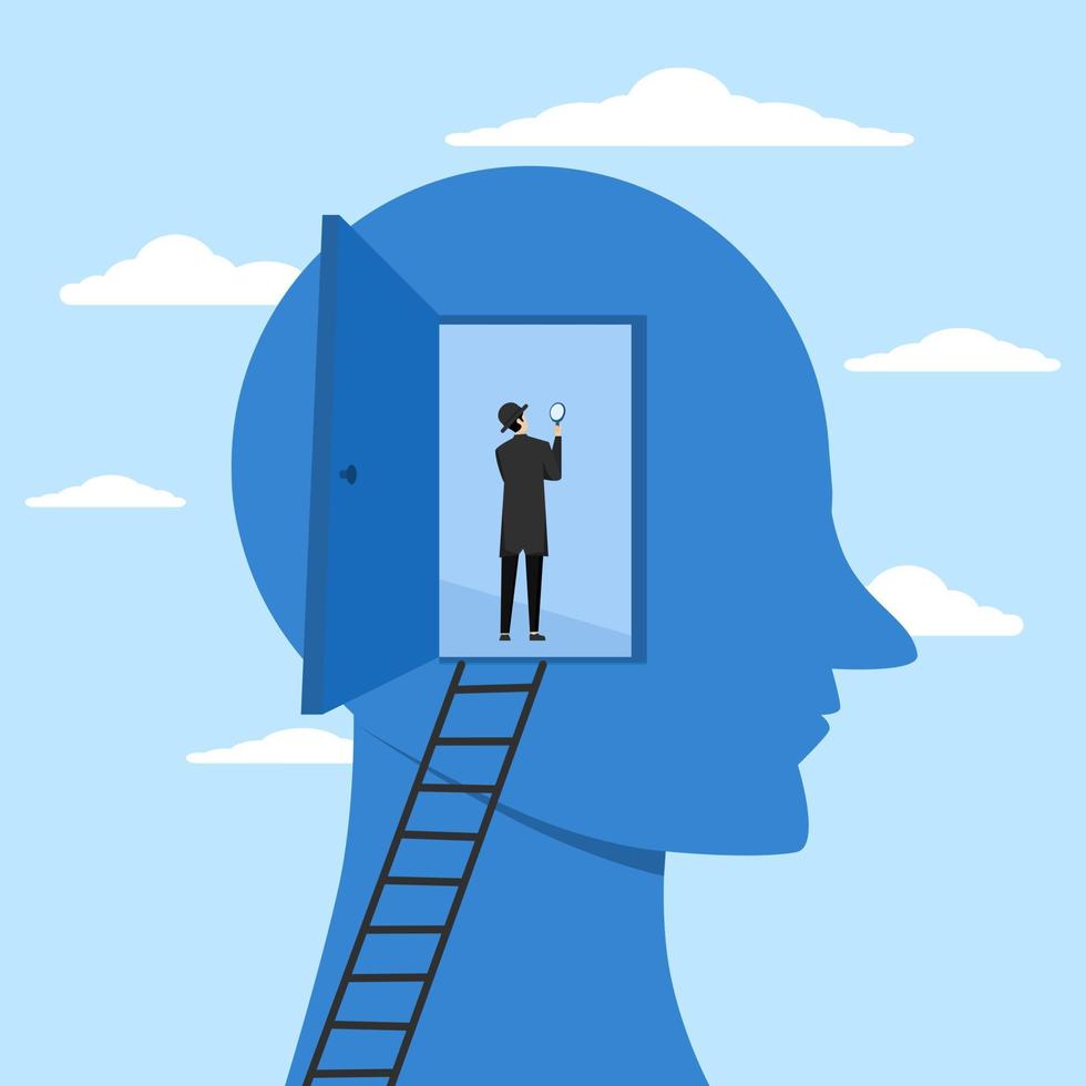 Psychology concept and mindset, detective man climbing human brain to investigate problem, deep thinking or mental health diagnosis, brain intelligence or depression, emotion or cognitive concept. vector