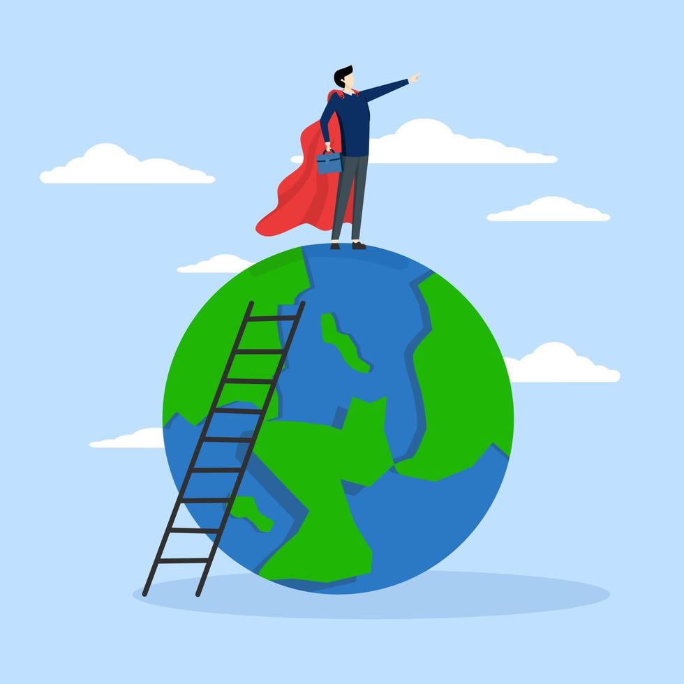 The world's male leader, entrepreneur hero on planet earth pointing direction. gentleman or CEO to lead an international company, super hero man to show direction for future success concept. vector