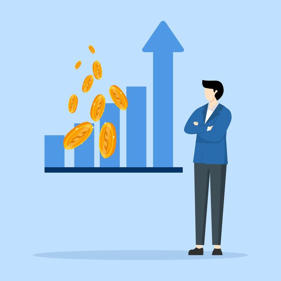 ingresos crecimiento, lograr éxito, creciente eficiencia concepto, empresario en pie flecha gráfico. negocio analista, financiero literatura antecedentes. datos Ciencias bandera modelo. vector