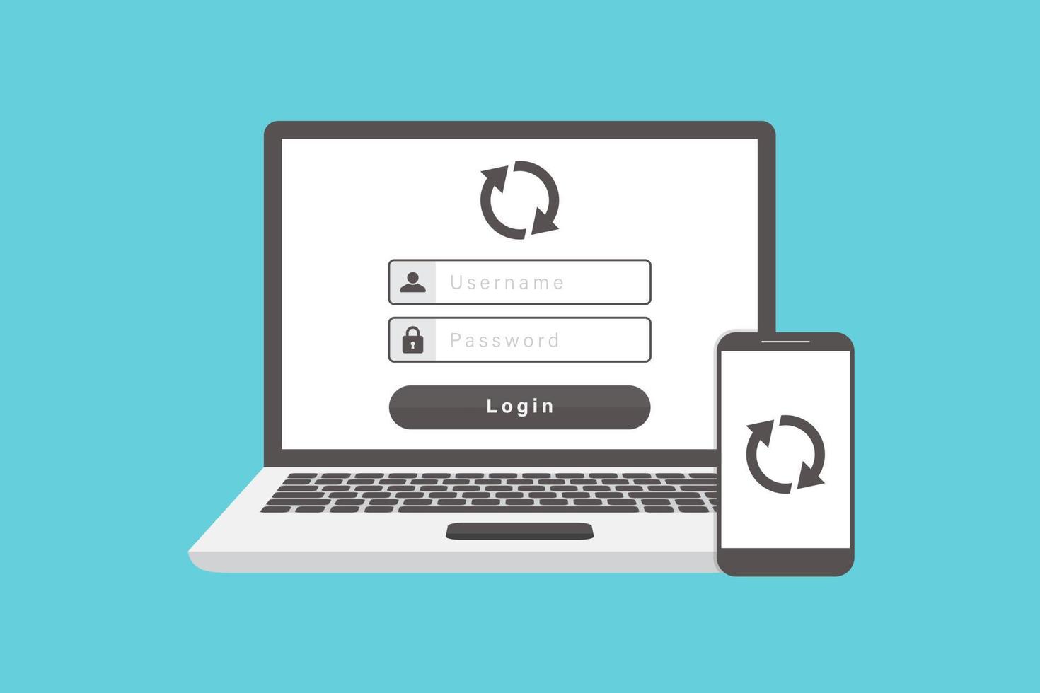 Laptop and smartphone, synchronize data between laptop with a smart phone, flat design vector illustration