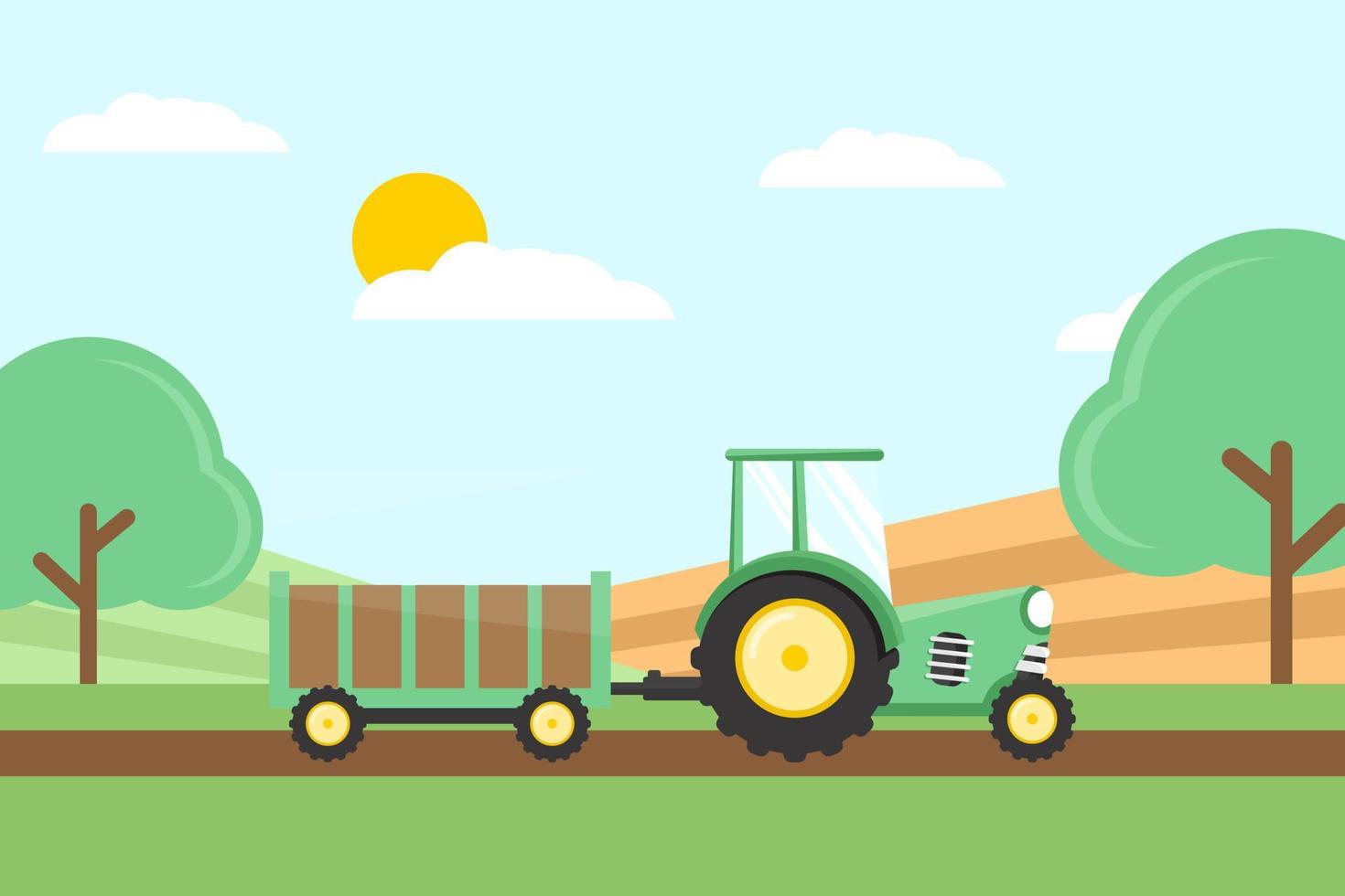 Farm tractor, green agricultural, field, rural feel, flat design vector illustration
