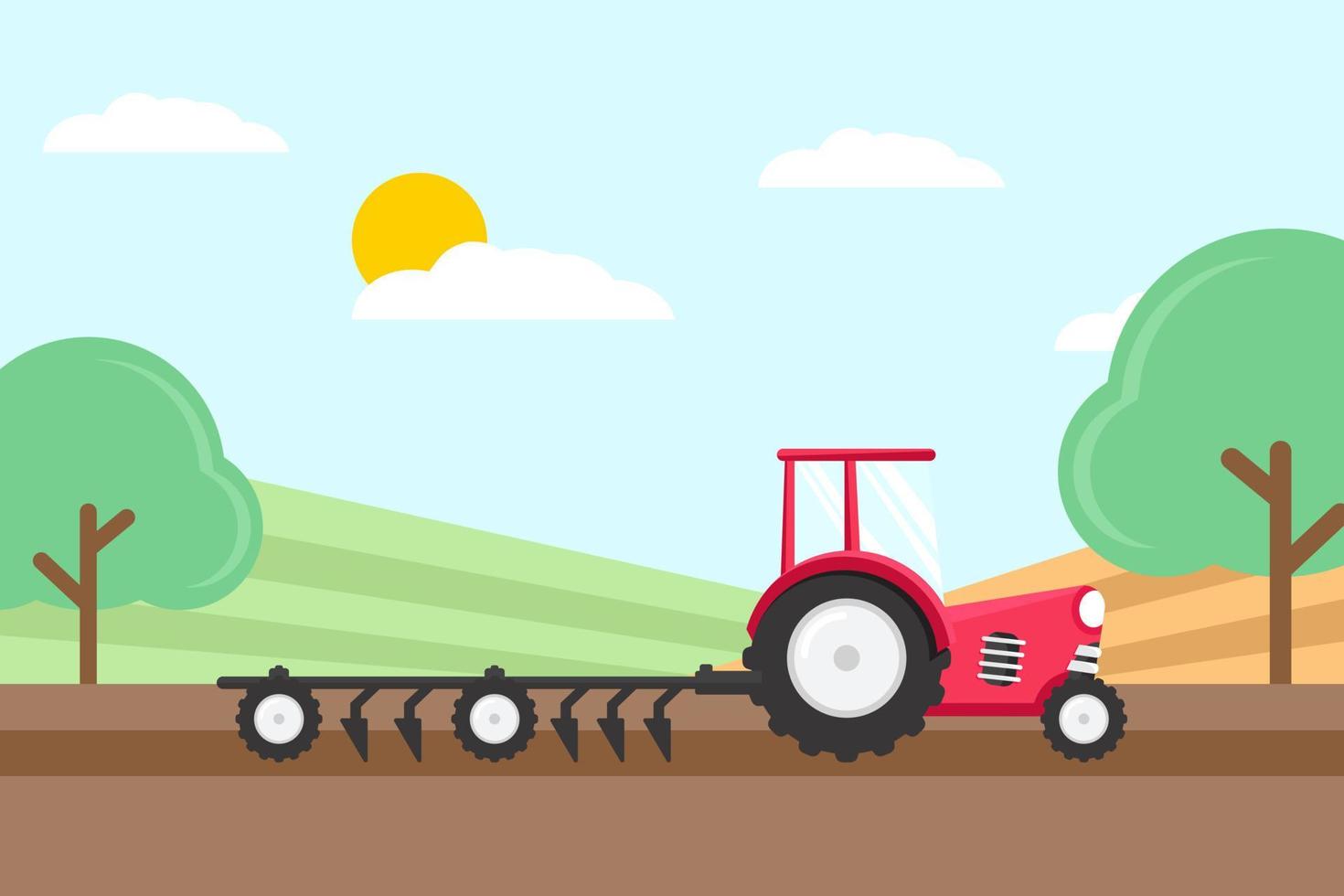 Farm tractor, green agricultural, field, rural feel, flat design vector illustration