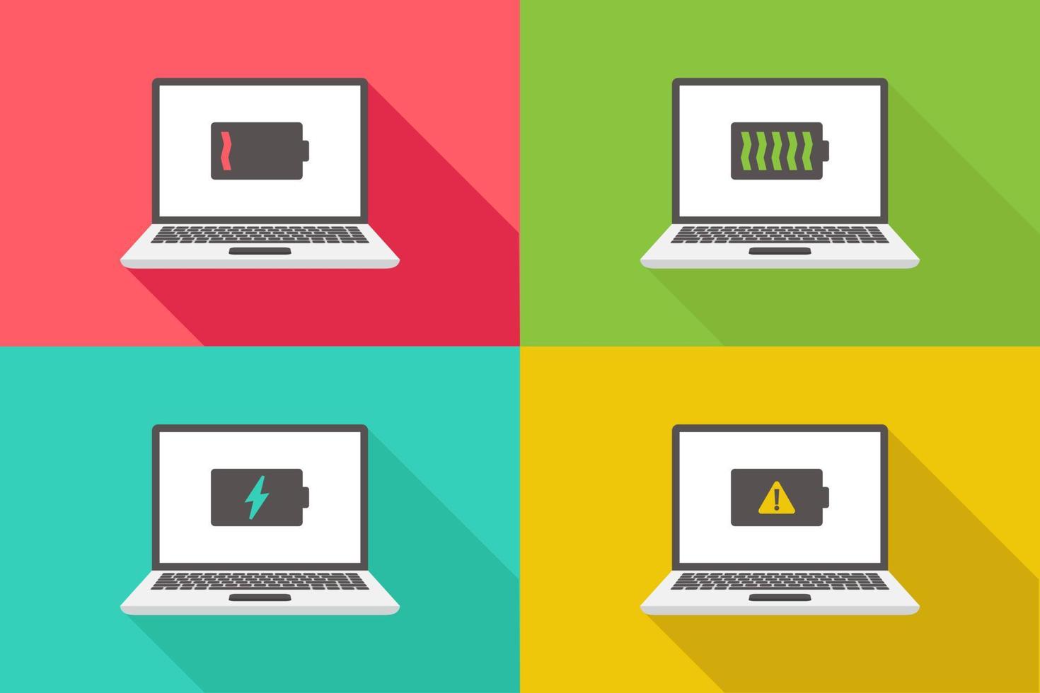 Laptop and battery notification icon, laptop and battery low, full, charge, damaged icon, flat design vector illustration