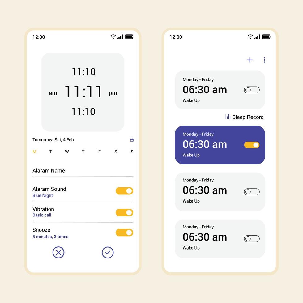 Set alarm mobile application concept design vector