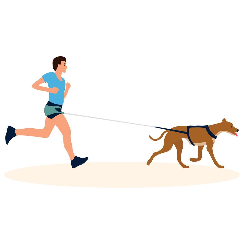 Young man jogging with his dog on a leash. Caring for a pet. Vector illustration