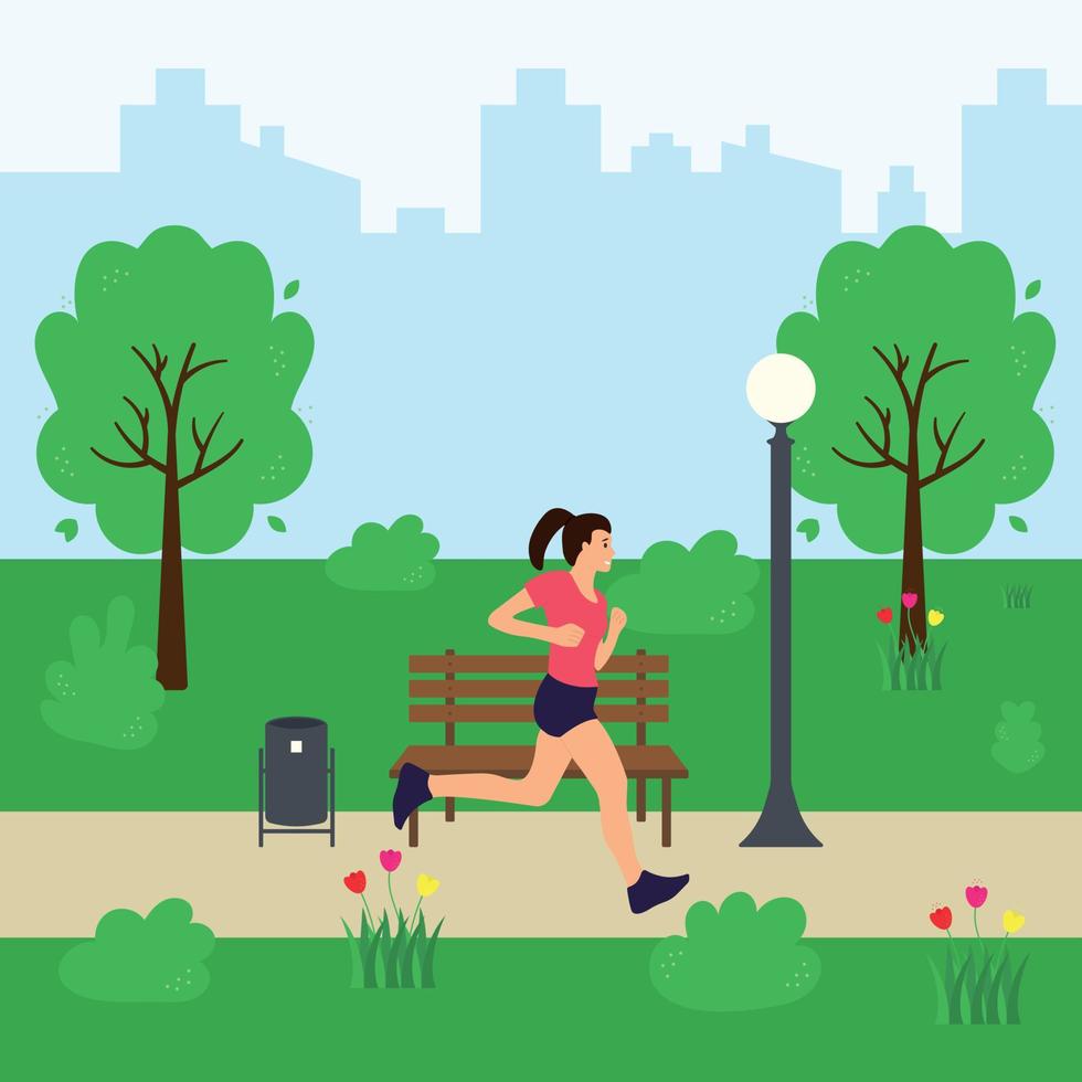 joven mujer corriendo en el parque, vistiendo pantalones cortos y un camiseta. sano activo estilo de vida. aislado vector ilustración