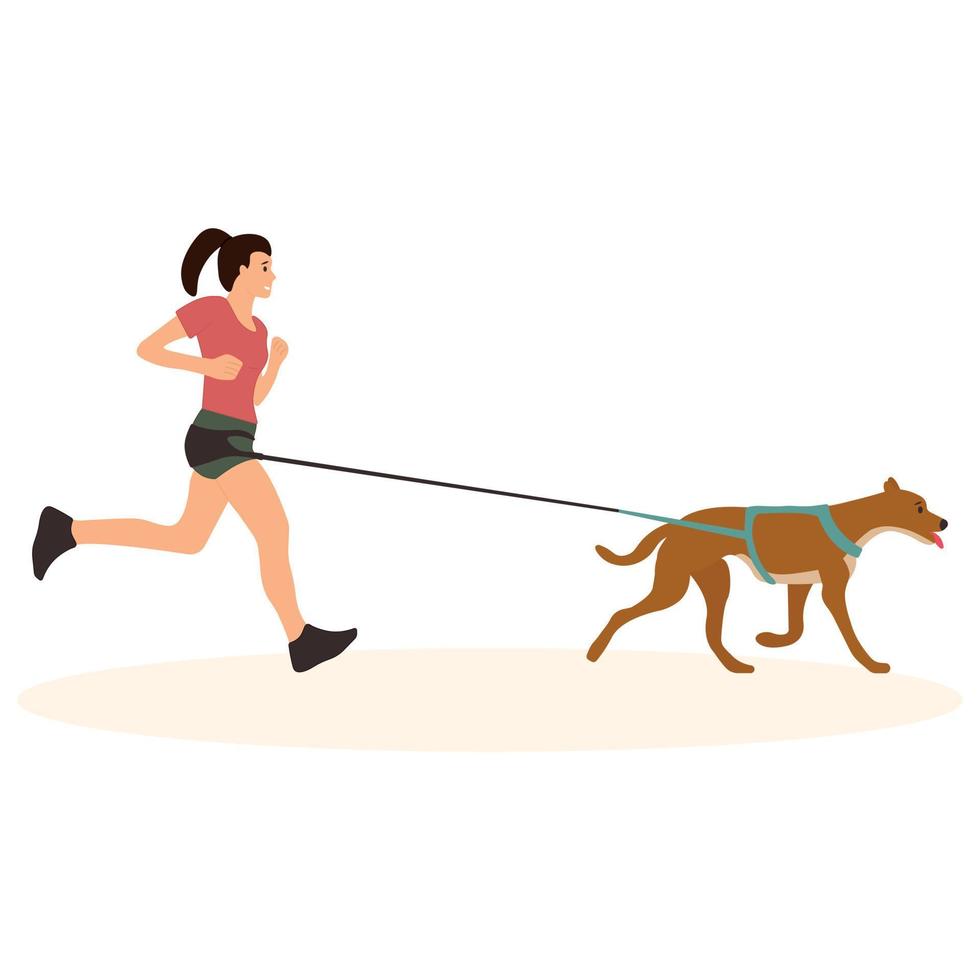 Young woman jogging with his dog on a leash. Caring for a pet. Vector illustration