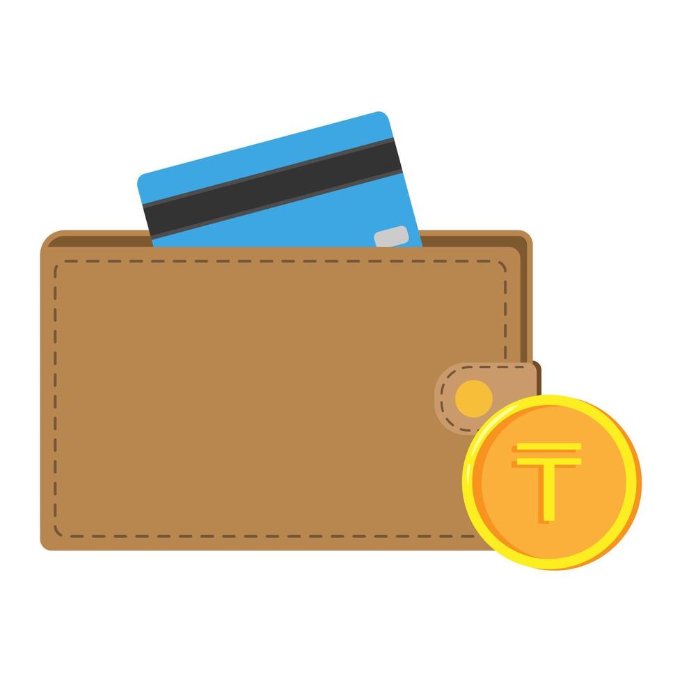 Wallet with tenge coins and credit card. Vector flat illustration