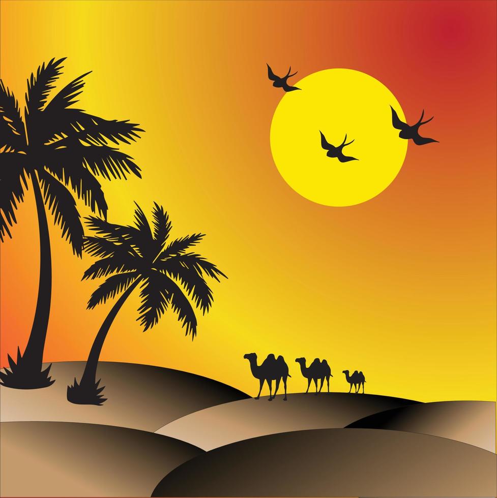 Arabian desert with camels and bird with abstract background beautifull art vector