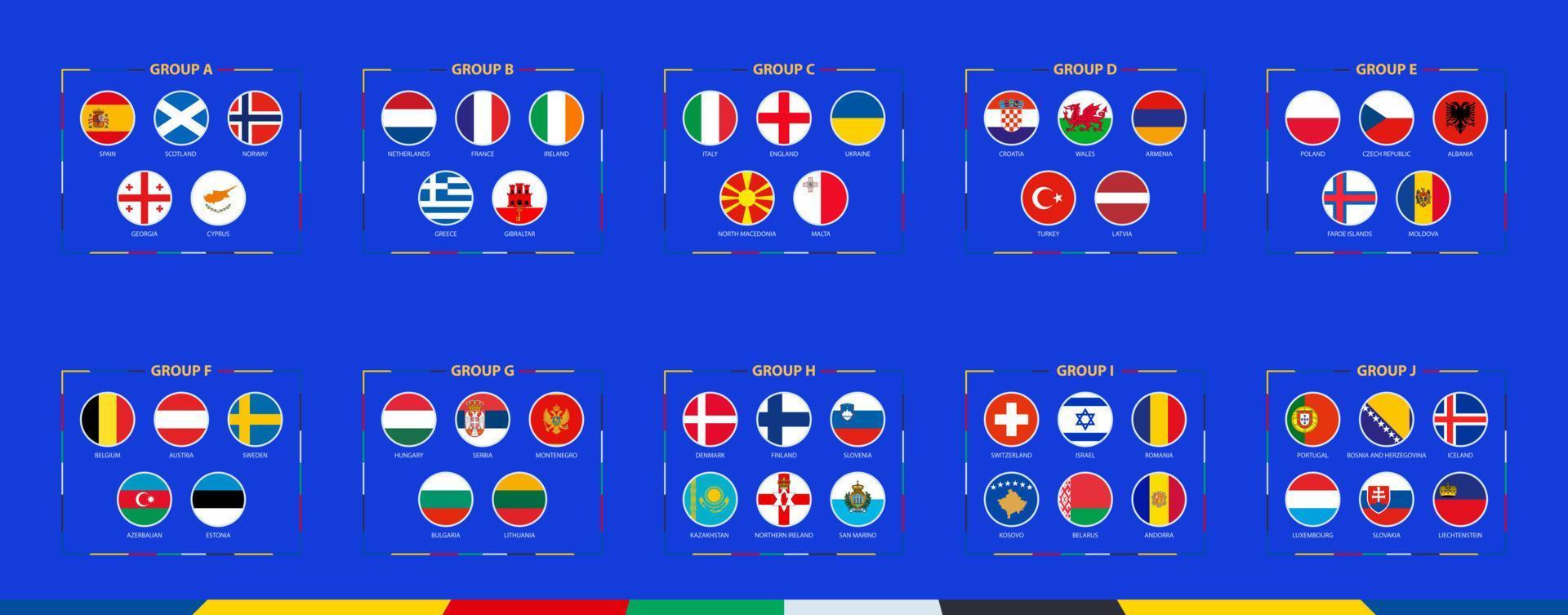 Flags of European football tournament 2024 qualifying sorted by group. vector