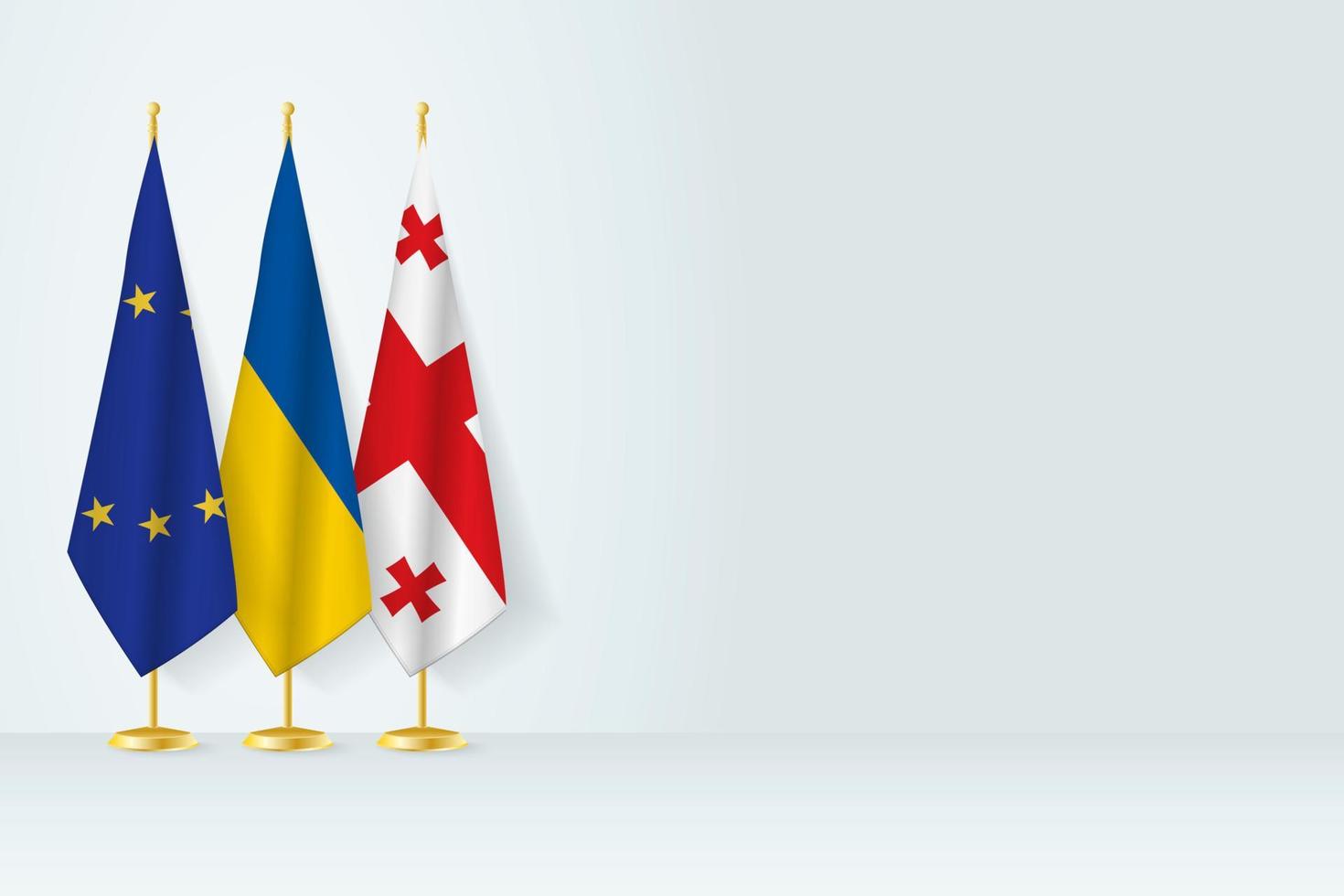 Flags of European Union, Ukraine and Georgia stand in row on indoor flagpole. vector