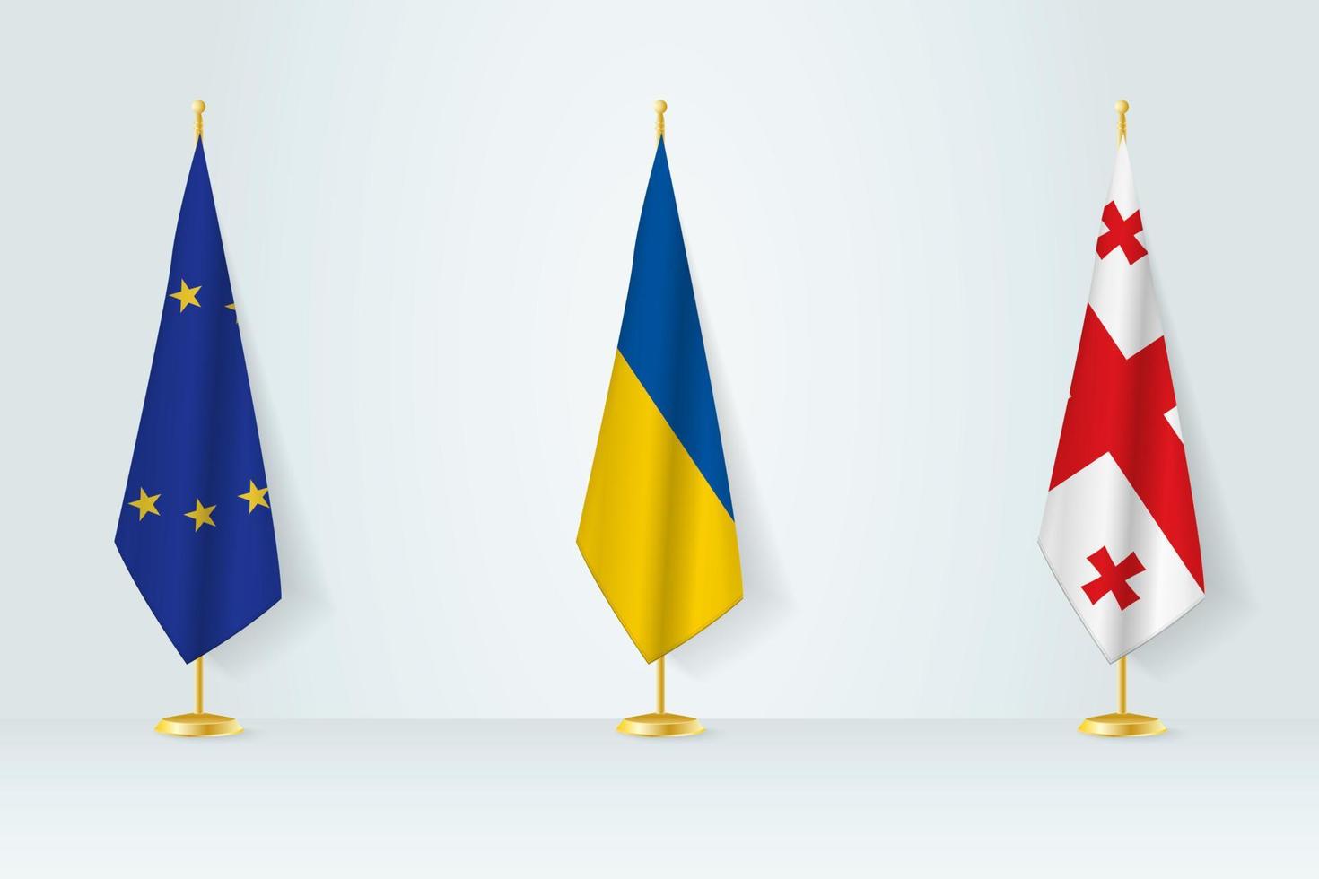 Political gathering of governments. Flags of European Union, Ukraine and Georgia. vector