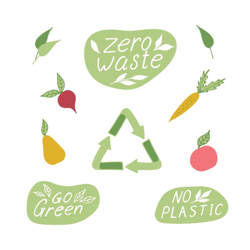 Zero waste lettering quotes set. Vector illustration isolated on white. Typography for bags, banners, badges, card, t-shirt, prints.
