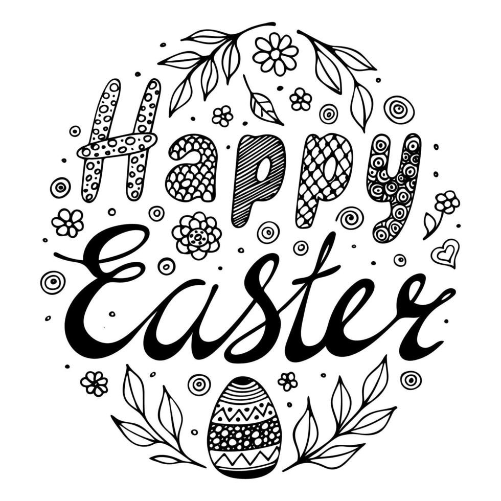 Happy Easter lettering with doodle elements isolated on white background. Greeting card or poster template in black and white colors. vector