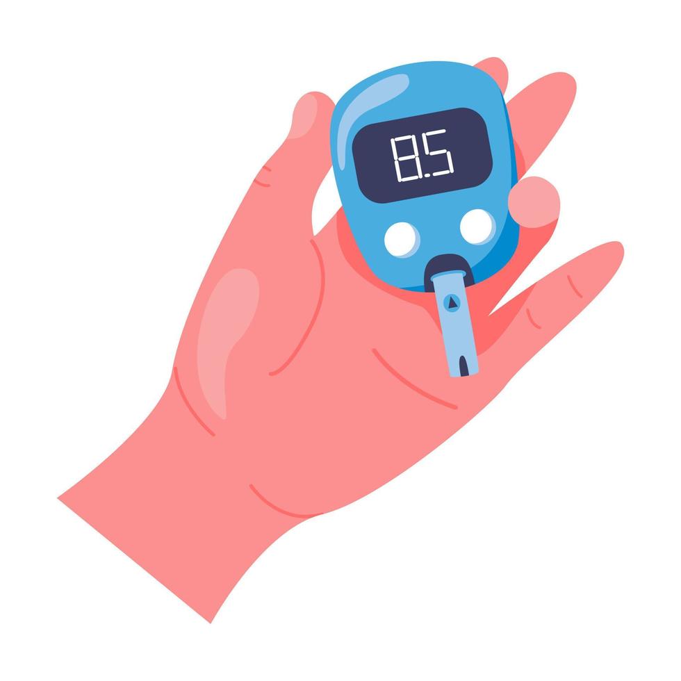 Hand with glukometr isolated on white background. Vector illustration of glucose control.