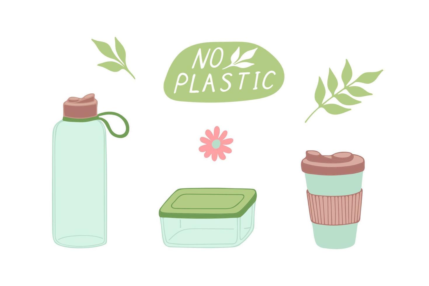Set of reusable eco dishes - bottle, food container and coffee glass vector