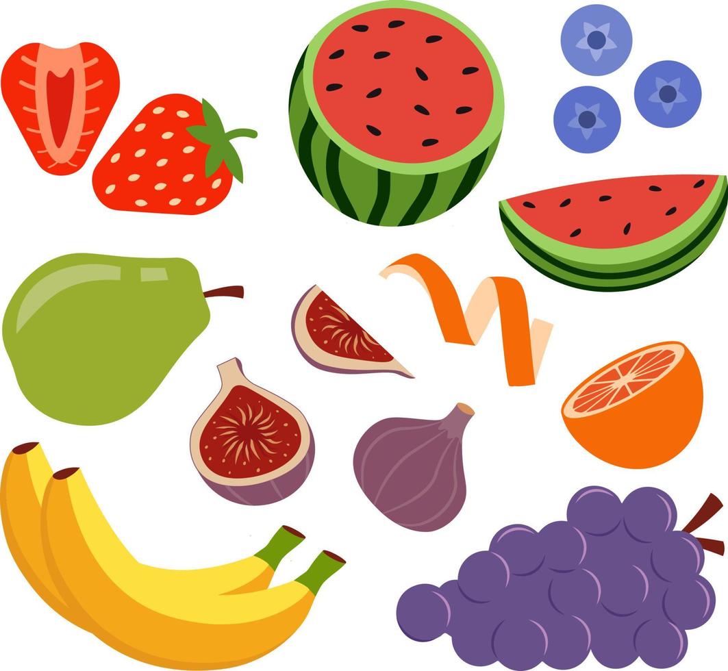 Collection Of Colorful Fresh Fruits And Berries Vector Illustration, Isolated Icons In Flat Style