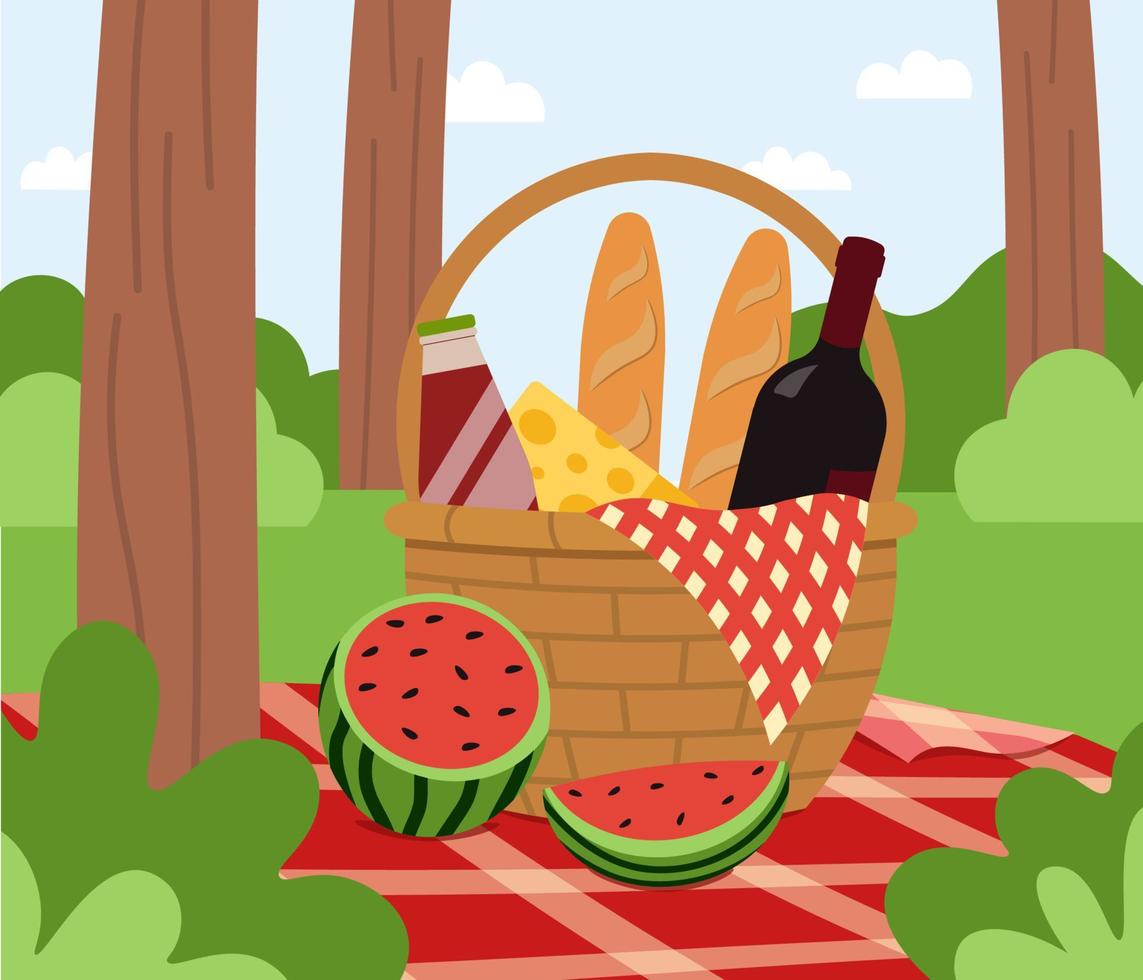 picnic cesta en el prado en el bosque primavera o verano vector ilustración en plano estilo