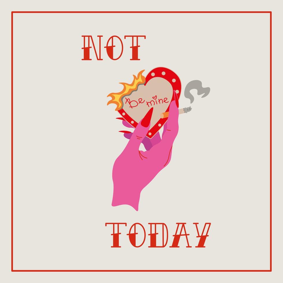 Valentines gift card anti love concept. Feminist poster. Girls hand with cigarette and burning valentine. Vector illustration in trendy pink tattoo style.