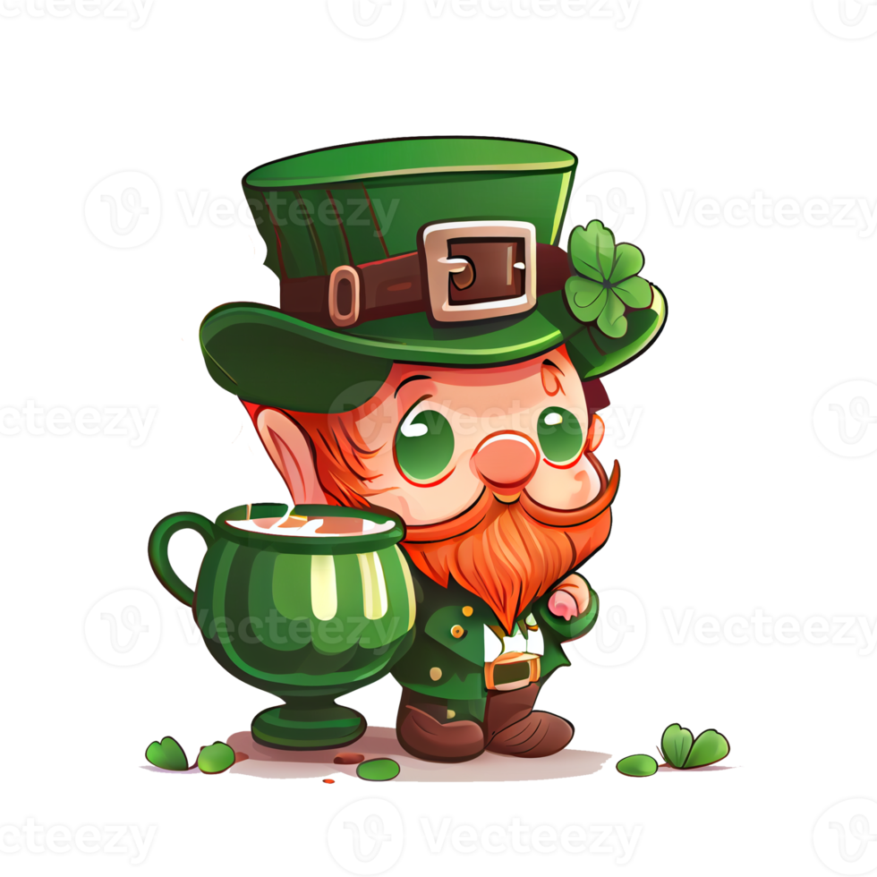 Cute Leprechaun Saint Patricks day irish cartoon and four leaf clover for St. Patrick's Day png