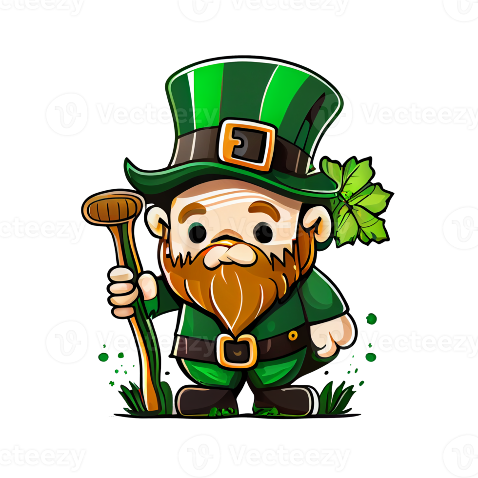 Cute Leprechaun Saint Patricks day irish cartoon and four leaf clover for St. Patrick's Day png
