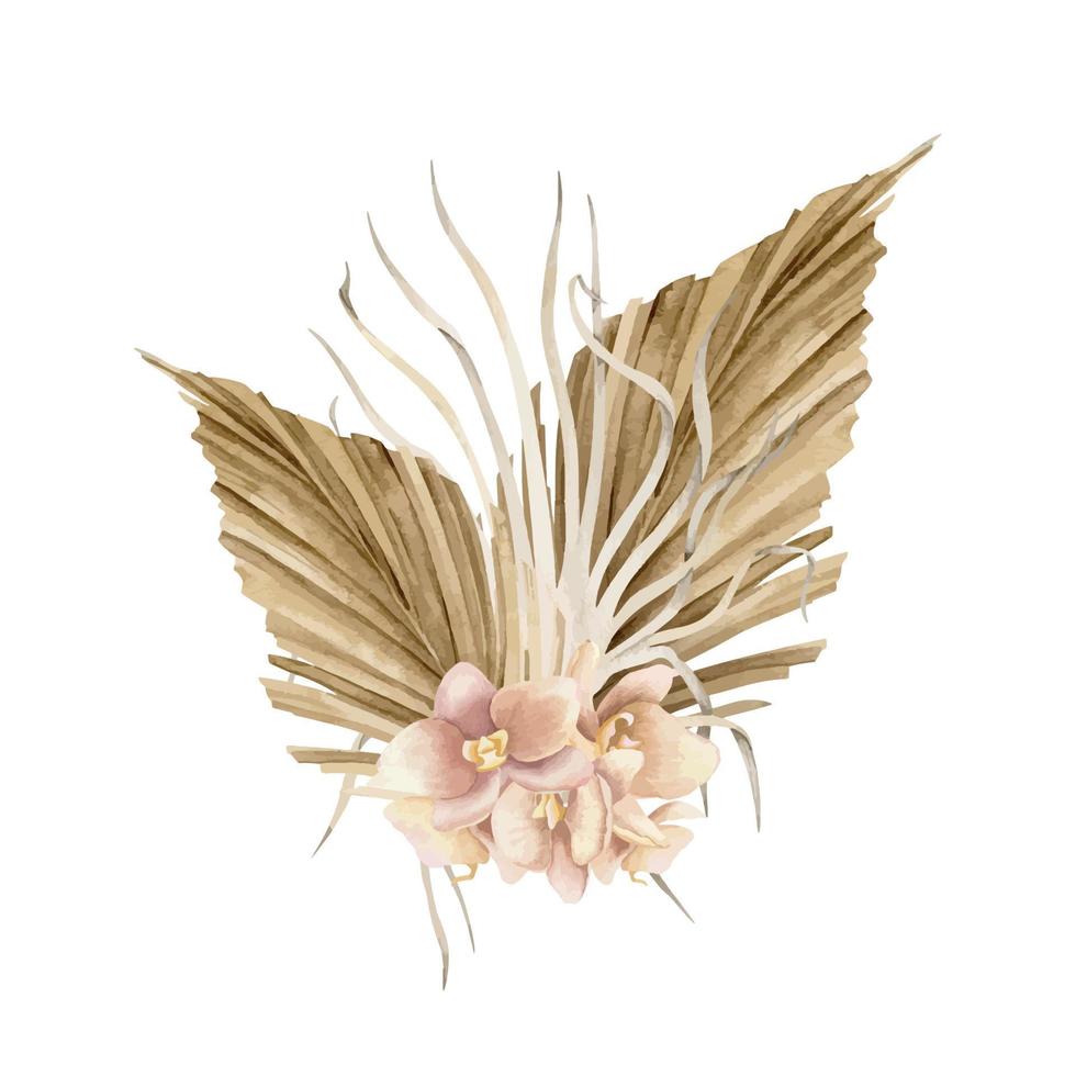 Dried Flowers in Boho style. Hand drawn watercolor illustration on isolated background for greeting cards or wedding invitations. Bohemian creamy bouquet with dry palm leaves in d pale pink orchids vector