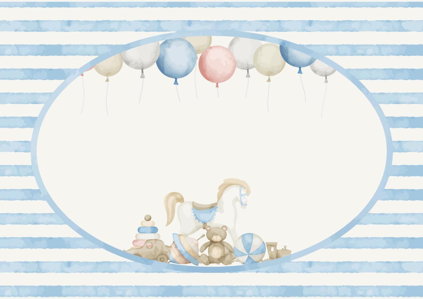 Template for Baby Shower greeting card with toys and balloons in pastel blue and beige colors. Hand drawn horizontal watercolor illustration for childish party invitations on white background vector
