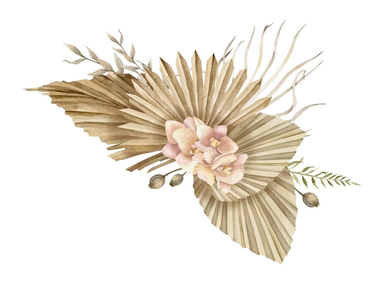 Dried Flowers in Boho style. Hand drawn watercolor illustration on isolated background for greeting cards or wedding invitations. Bohemian creamy bouquet with dry palm leaves in d pale pink orchids vector