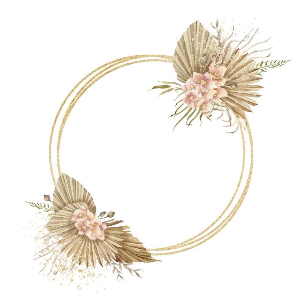 Watercolor Floral Circle Frame with dried Palm leaves and pale pink orchid Flowers in Boho style. Hand drawn isolated Wreath. Bohemian Template for greeting cards or invitations in pastel colors vector