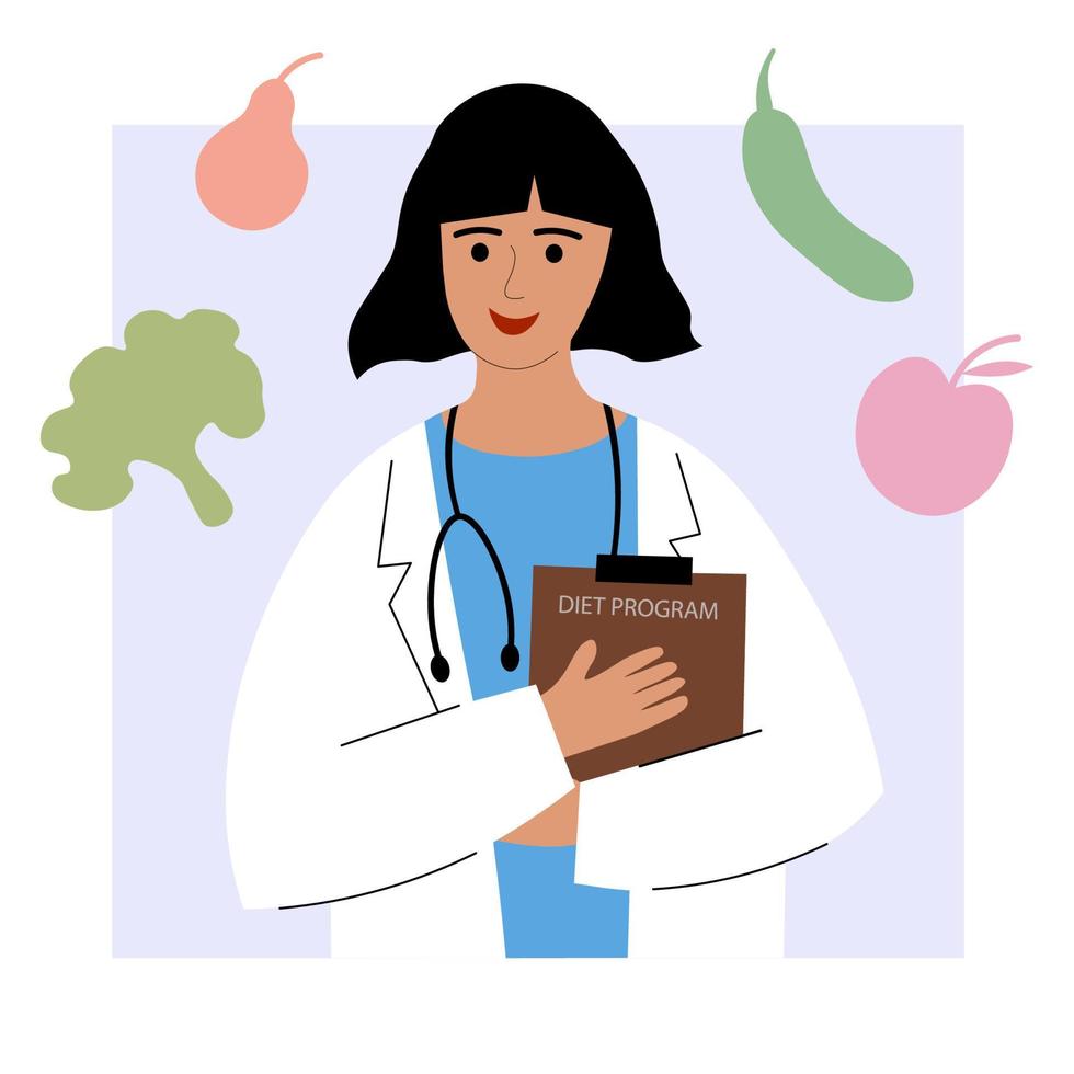 Dietitian or nutritionist. Female doctor in a medical coat with vegetables, fruits, food. Online service or platform for nutritionists. Online course. Nutrition recommendations. Flat illustration vector