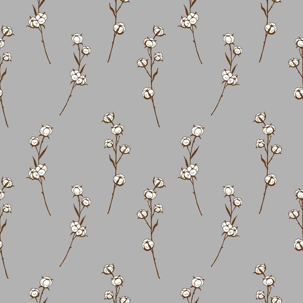 Seamless repeating pattern with cotton branches on a gray background, floral motif. Hand drawn cotton plant. Bohemian patterns. Vector